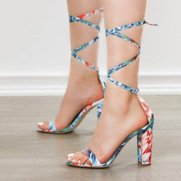 Blue Floral Laced-up Leg Tie, Ankle Strap High Heels Sandals - Picture 3 of 8